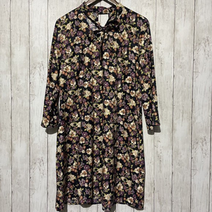 Du Jour Dress Sz‎ 13Floral Printed 3/4 Sleeve Neck Tie Detail Navy Blue